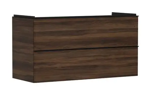 Waschtischunterschrank in Holzoptik mit zwei Schubkästen, designed von Hansgrohe. Die Oberfläche zeigt eine dunkle Nussbaumstruktur.